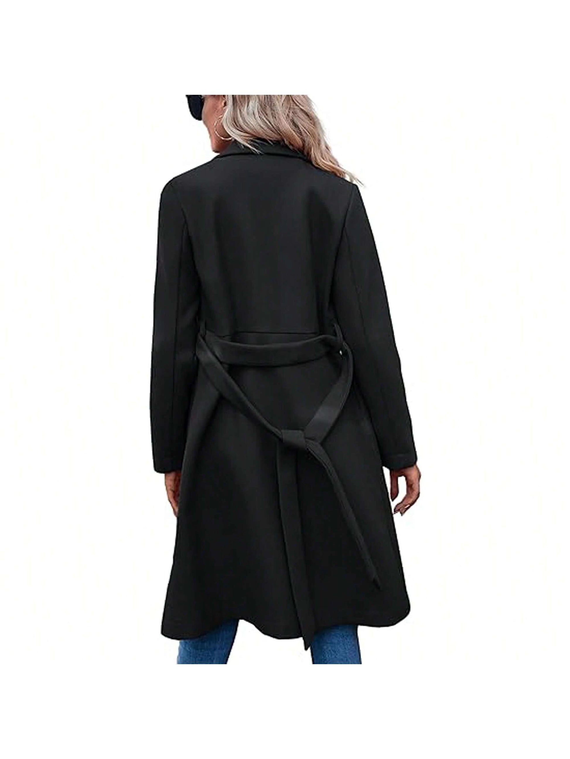 Women'S Double Button Belted Tweed Overcoat Basic Long Sleeve Notched Lapel Pea Trench Jacket Outwear Coats