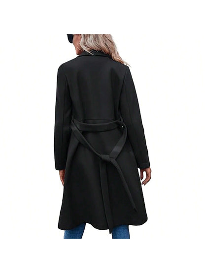 Women'S Double Button Belted Tweed Overcoat Basic Long Sleeve Notched Lapel Pea Trench Jacket Outwear Coats