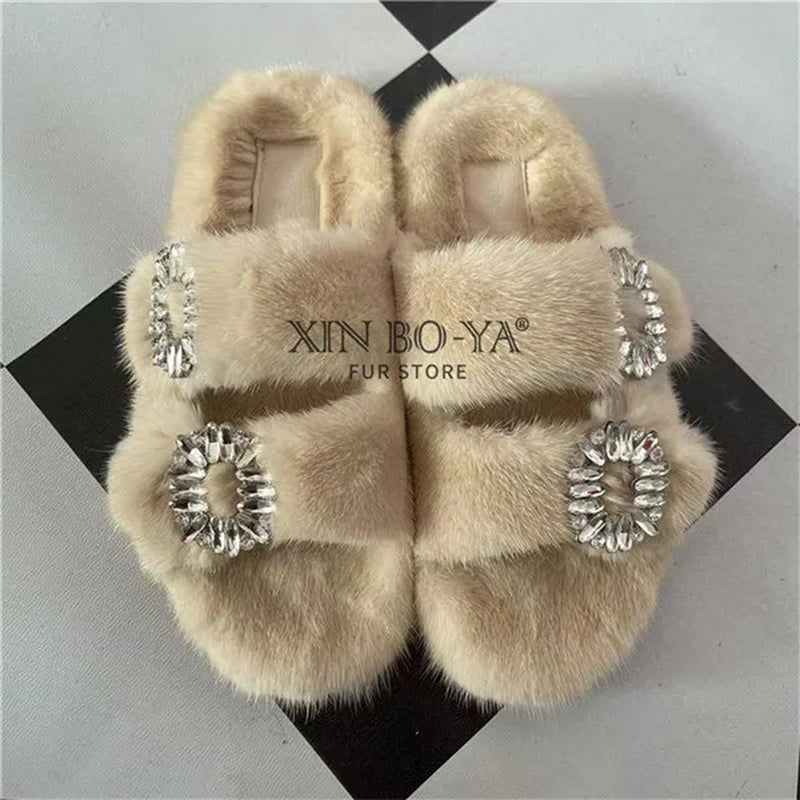 Winter Fur Slippers Women 2024 Flat Real Fur Mink Slippers Warm Soft Indoor Women Fur Slippers Luxury Designer Female Shoes