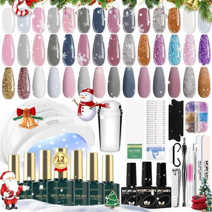 Gel Nail Polish Kit: 12 Colors Gel Nail Polish Set with U V/LED Light Nude Pink Blue Haze Gel Polish Nail Art Decorations Manicure Tools DIY Salon Home Gifts